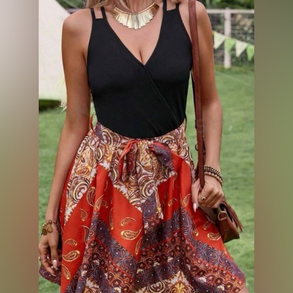One Piece Printed Patchwork Swing V-Neck Sleeveless Dress